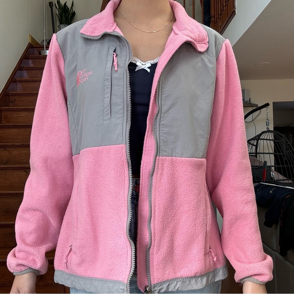 Pink and Gray North Face Fleece Jacket